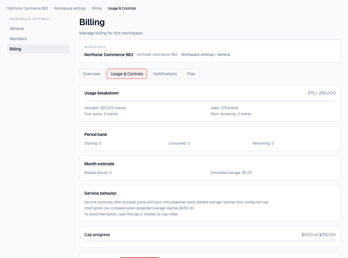Errova billing settings showing overage controls, notifications, and plan comparison