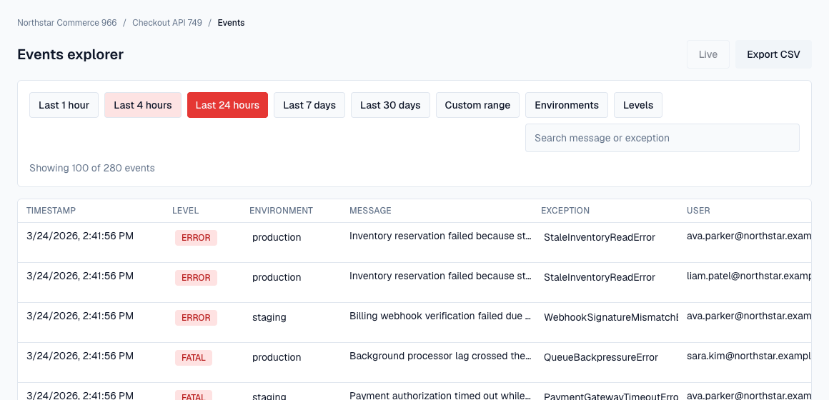 Errova events explorer with filters and export controls