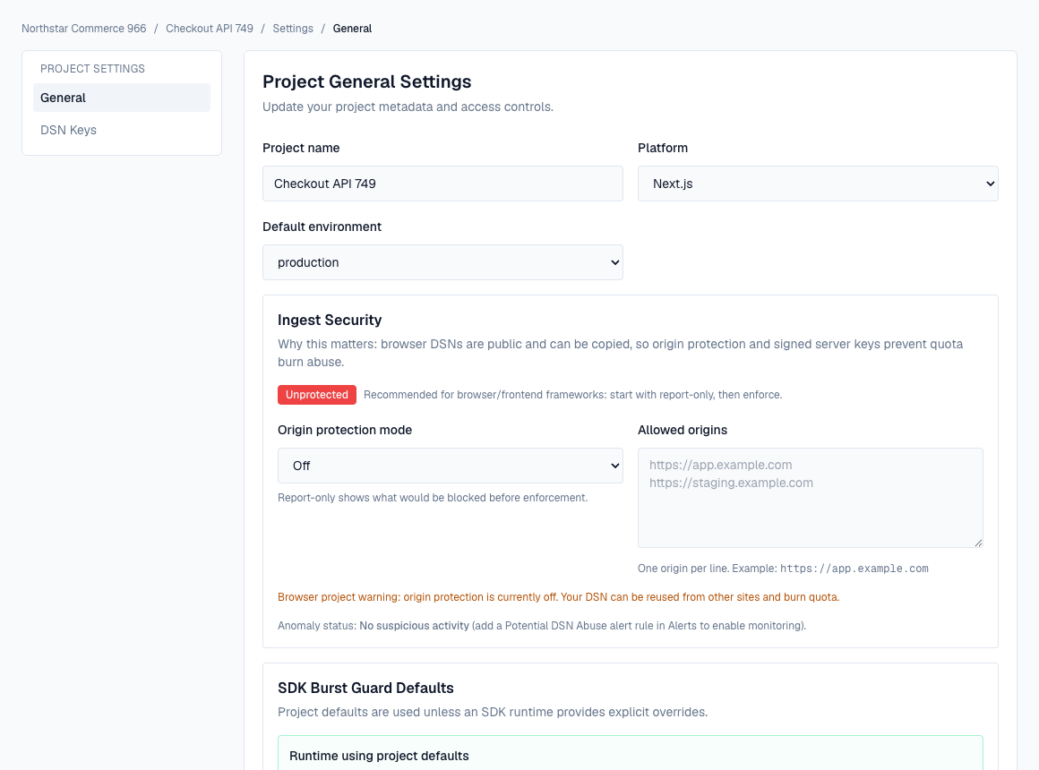 Errova project settings showing ingest security and SDK burst guard controls