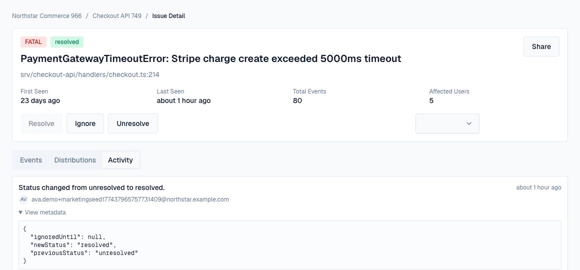 Errova issue activity timeline showing status updates and regressions