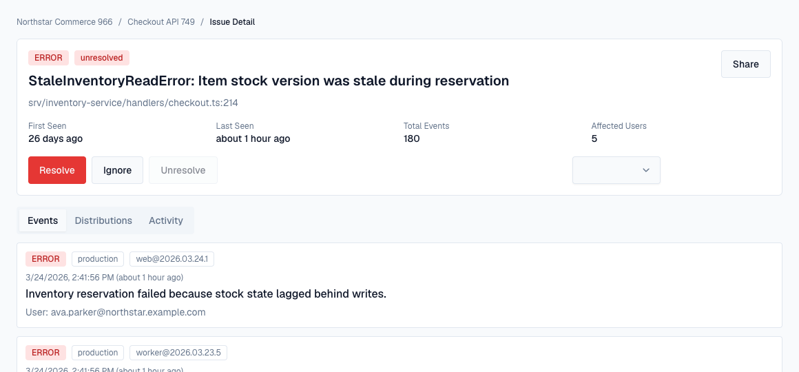 Errova issue detail with grouped events and status controls