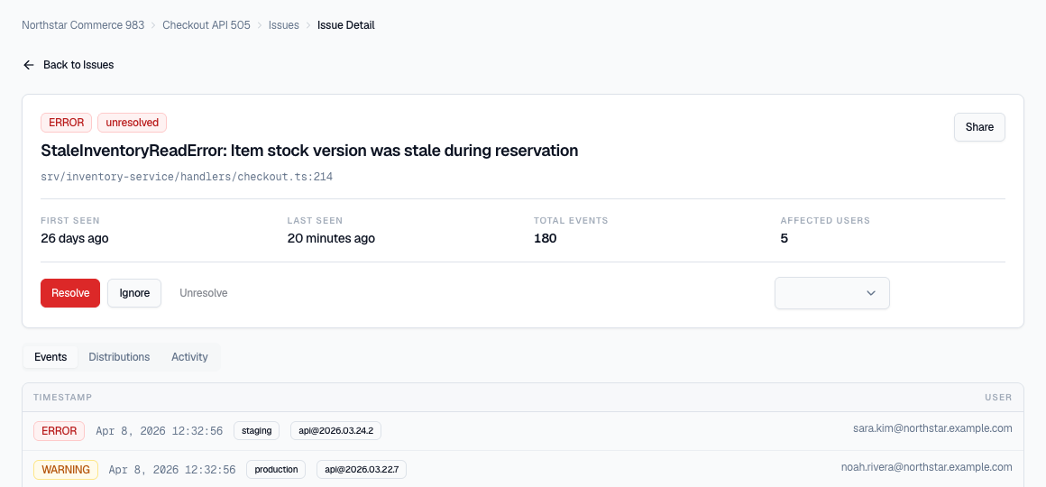 Errova issue detail showing assignment and collaboration controls